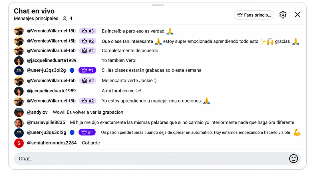Testimonio 12 de 18: comentarios de participantes del reto en el chat en vivo de YouTube