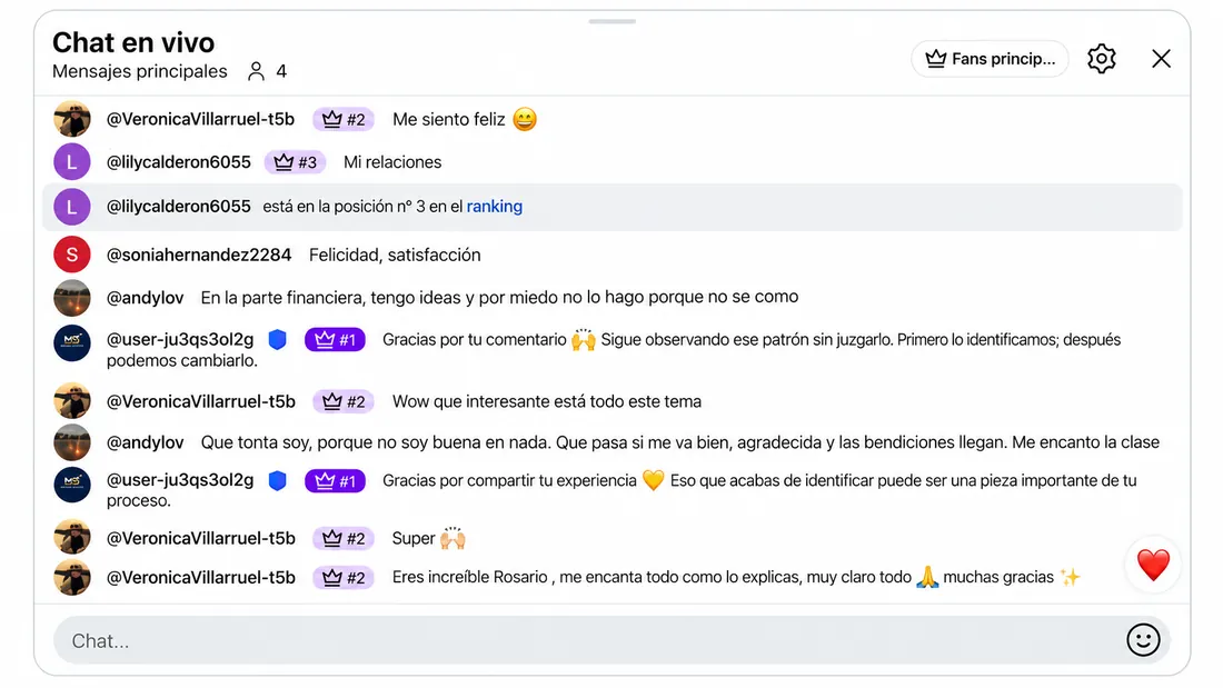 Testimonio 13 de 18: comentarios de participantes del reto en el chat en vivo de YouTube