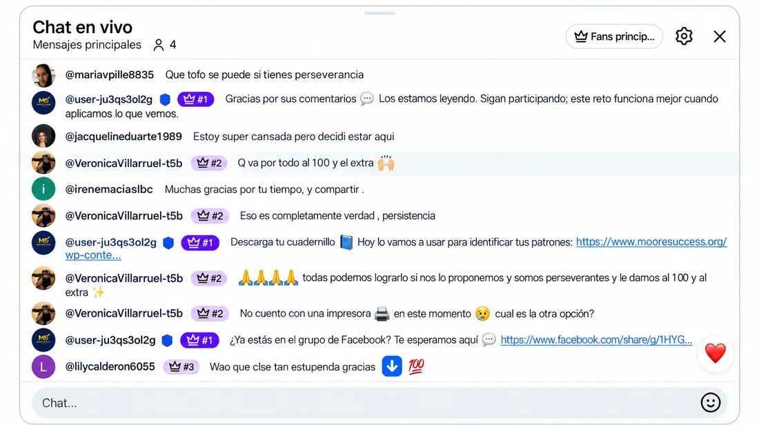 Testimonio 14 de 18: comentarios de participantes del reto en el chat en vivo de YouTube