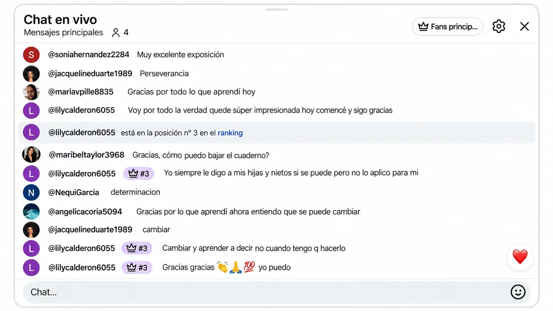 Testimonio 15 de 18: comentarios de participantes del reto en el chat en vivo de YouTube
