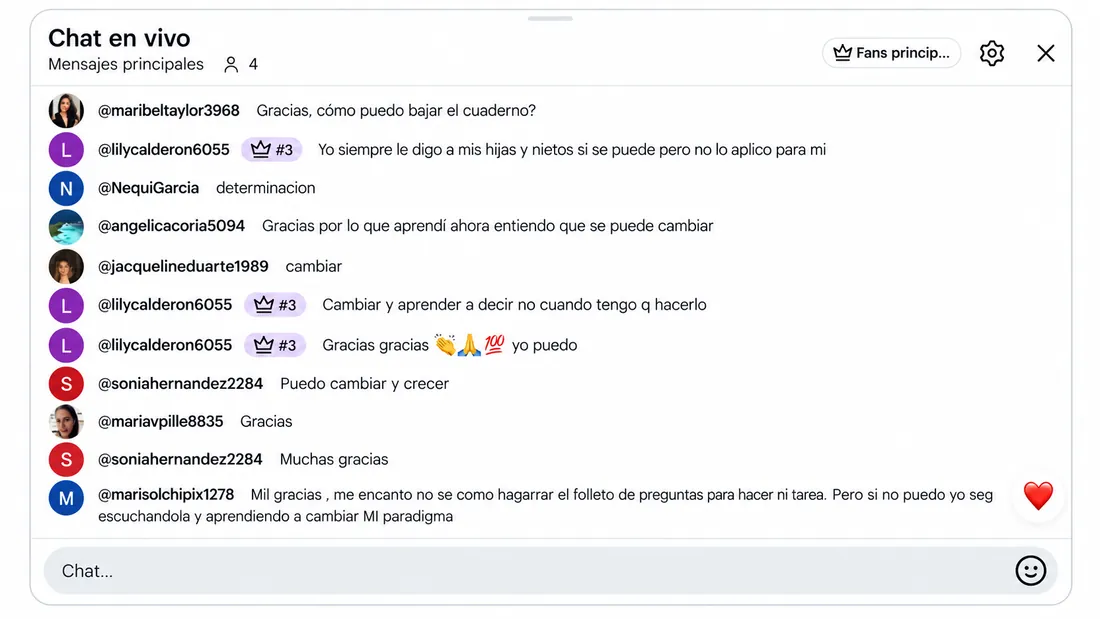 Testimonio 16 de 18: comentarios de participantes del reto en el chat en vivo de YouTube