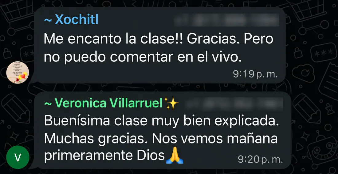 Testimonio 1 de 18: mensajes de participantes del reto en el grupo de WhatsApp (números ocultos)