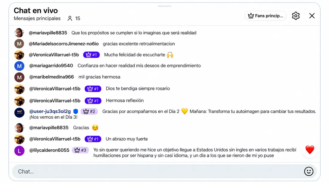 Testimonio 17 de 18: comentarios de participantes del reto en el chat en vivo de YouTube