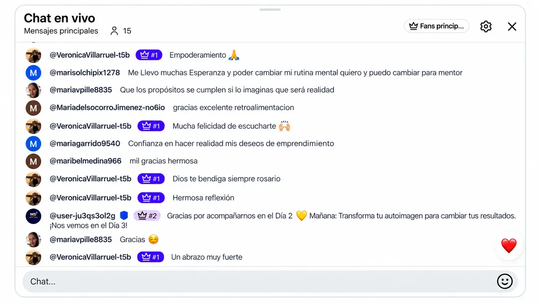 Testimonio 18 de 18: comentarios de participantes del reto en el chat en vivo de YouTube