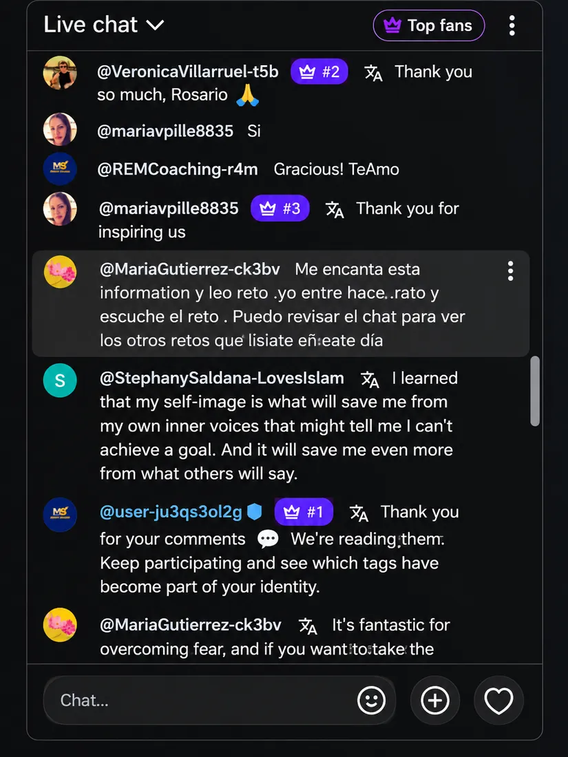 Testimonio 7 de 18: comentarios de participantes del reto en el chat en vivo de YouTube