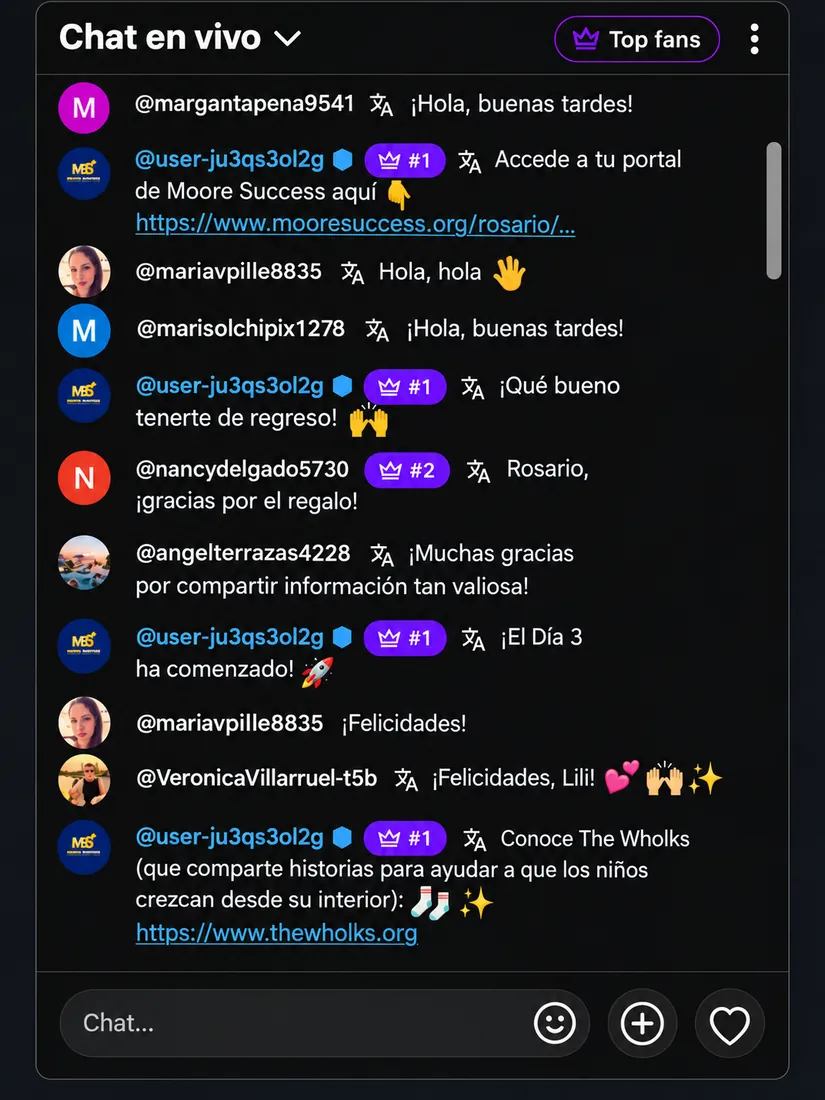 Testimonio 8 de 18: comentarios de participantes del reto en el chat en vivo de YouTube