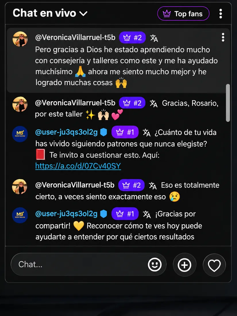 Testimonio 3 de 18: comentarios de participantes del reto en el chat en vivo de YouTube
