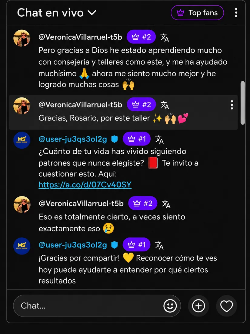 Testimonio 9 de 18: comentarios de participantes del reto en el chat en vivo de YouTube
