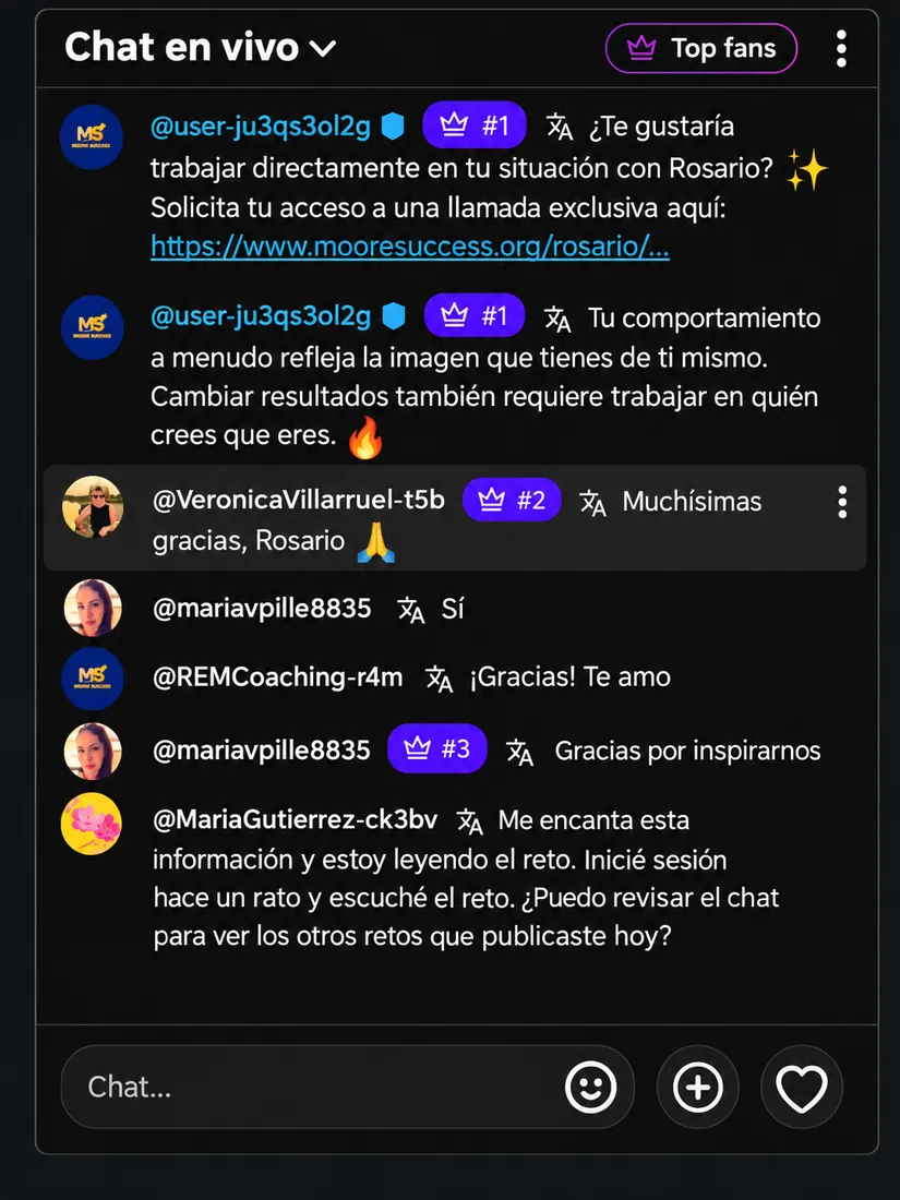 Testimonio 5 de 18: comentarios de participantes del reto en el chat en vivo de YouTube