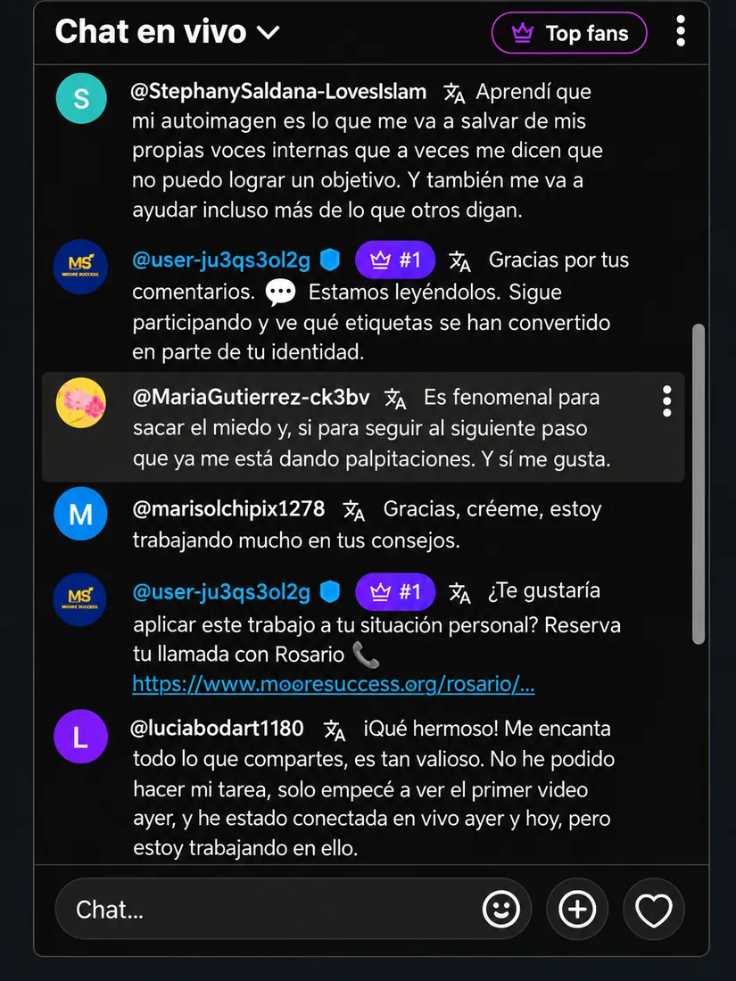 Testimonio 6 de 18: comentarios de participantes del reto en el chat en vivo de YouTube