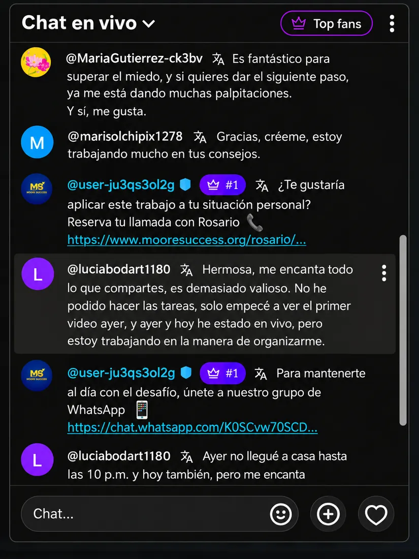 Testimonio 10 de 18: comentarios de participantes del reto en el chat en vivo de YouTube