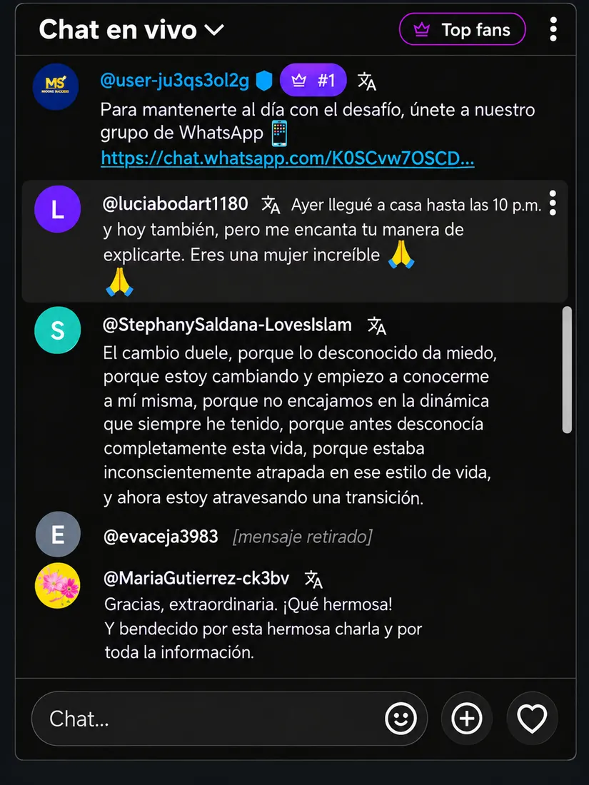 Testimonio 4 de 18: comentarios de participantes del reto en el chat en vivo de YouTube