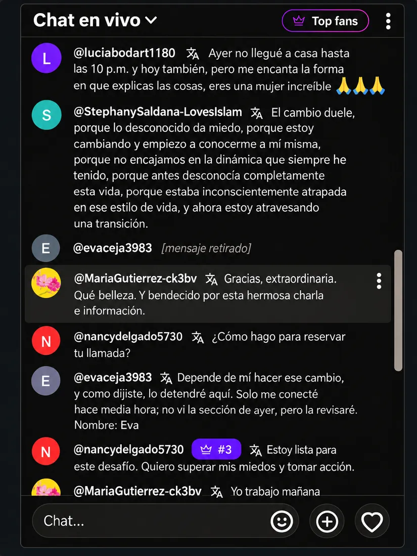 Testimonio 11 de 18: comentarios de participantes del reto en el chat en vivo de YouTube